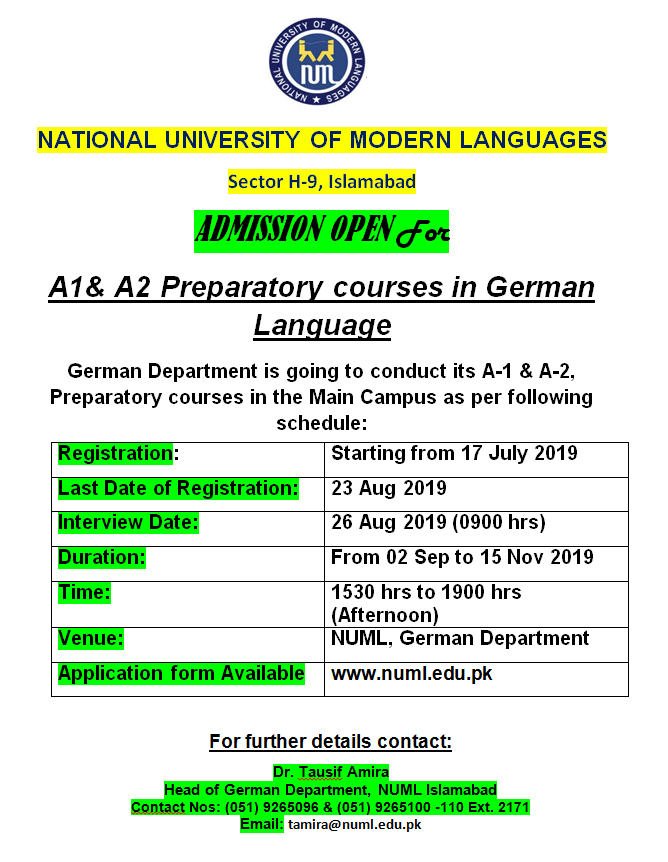 ADMISSION OPEN For A1 & A2 Preparatory courses in German Language