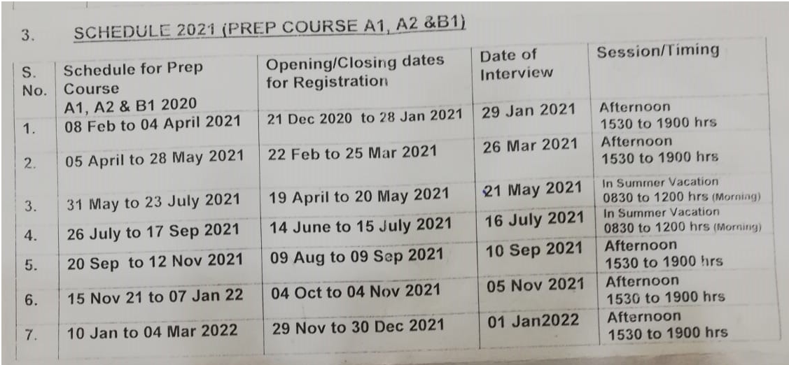 Schedule of Afternoon Preparatory Courses - 2021