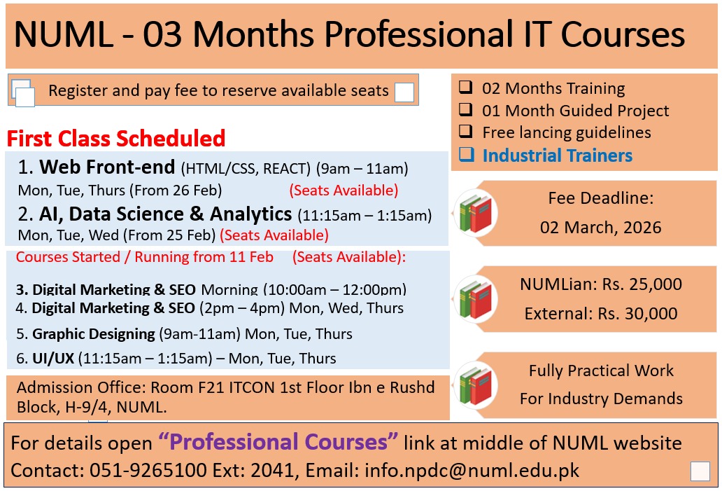 NUML 03 Months Professional IT Courses