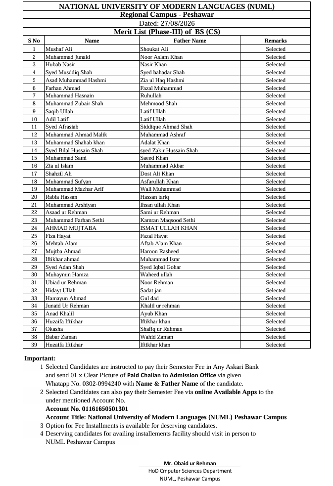 BS Computer Sciences - Phase-III Merit List - Fall 2026