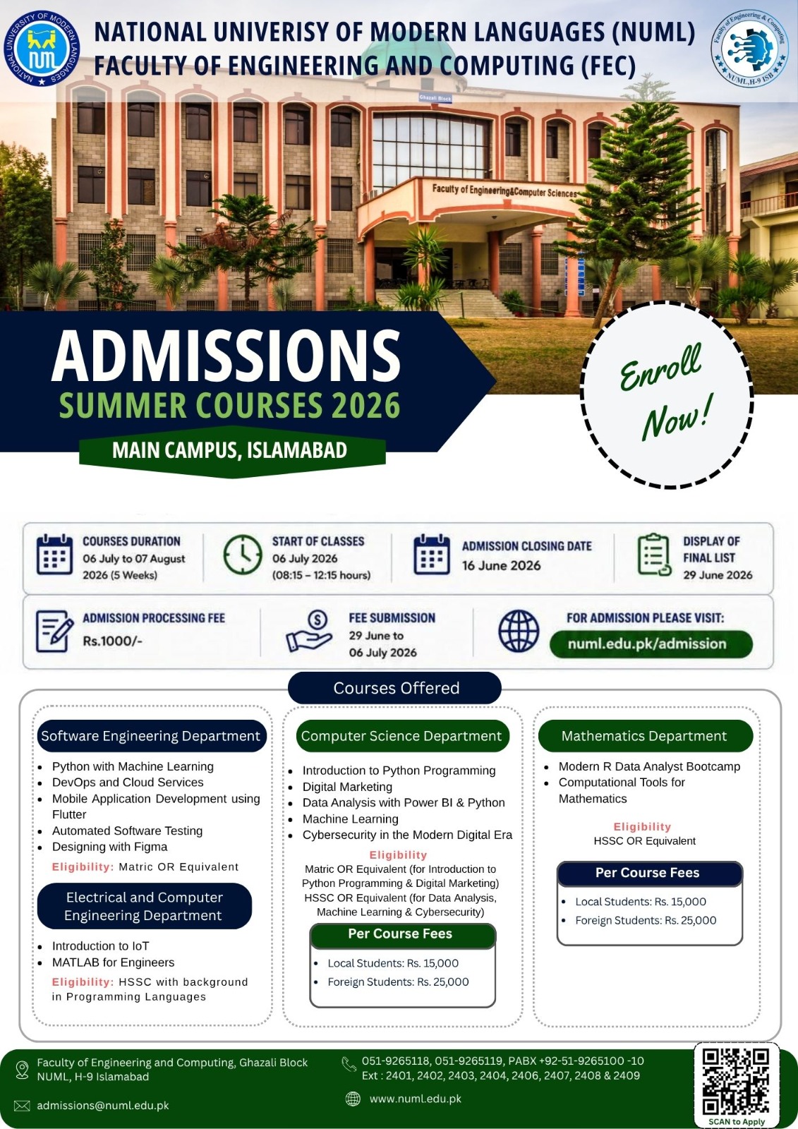 NUML Summer Courses 2026 Admissions Open!
