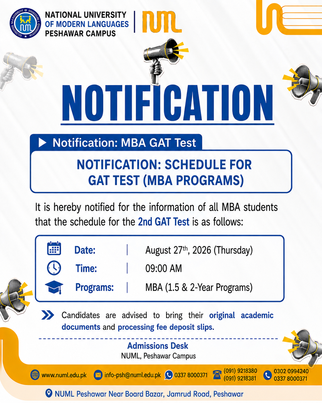 NOTIFICATION: SCHEDULE FOR GAT TEST (MBA PROGRAMS)