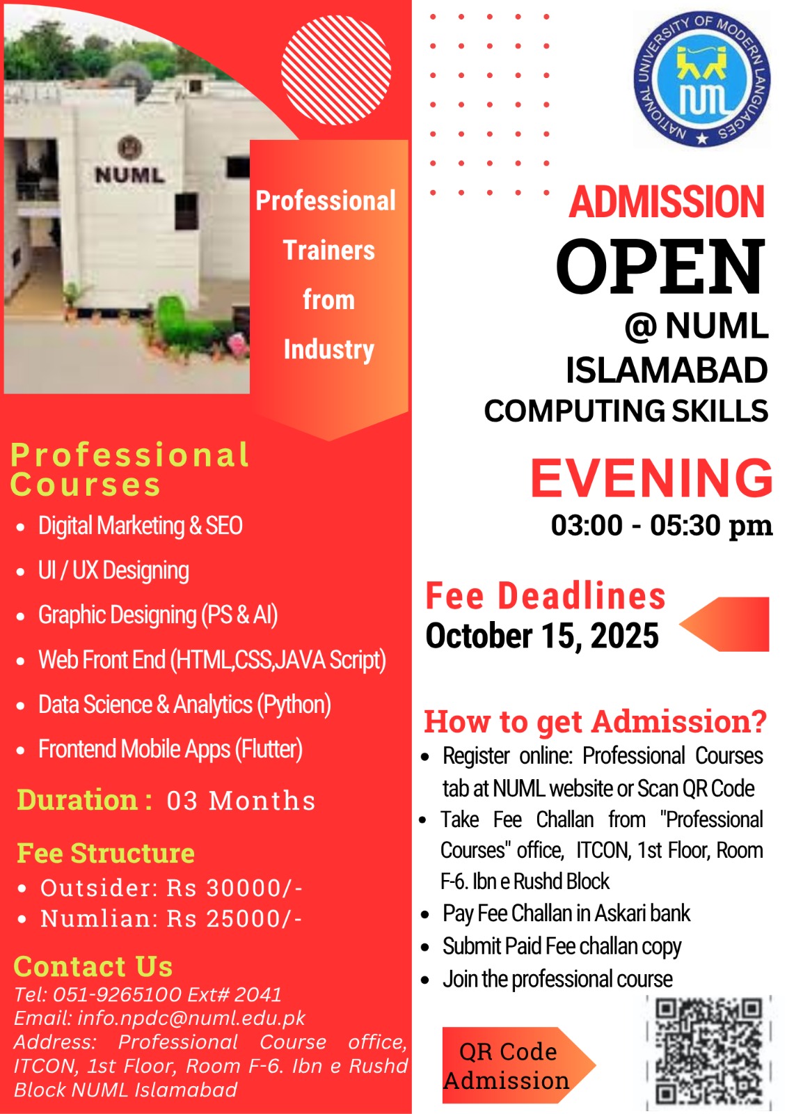 Admission Open at NUML Islamabad Computing Skills