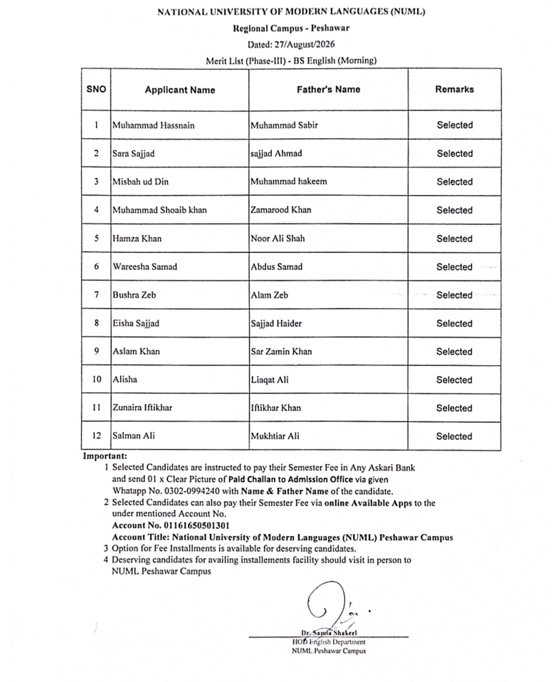 BS English (Morning), BS English Bridging, ELT Courses - Fall 2026 Phase-III Merit List