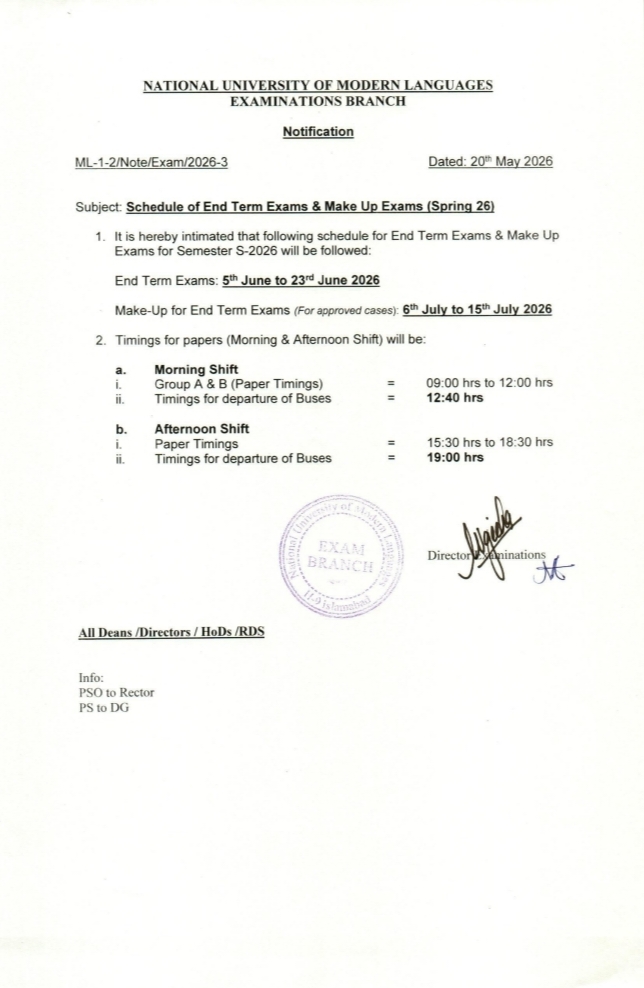 Schedule for End Term Exam & Make-up