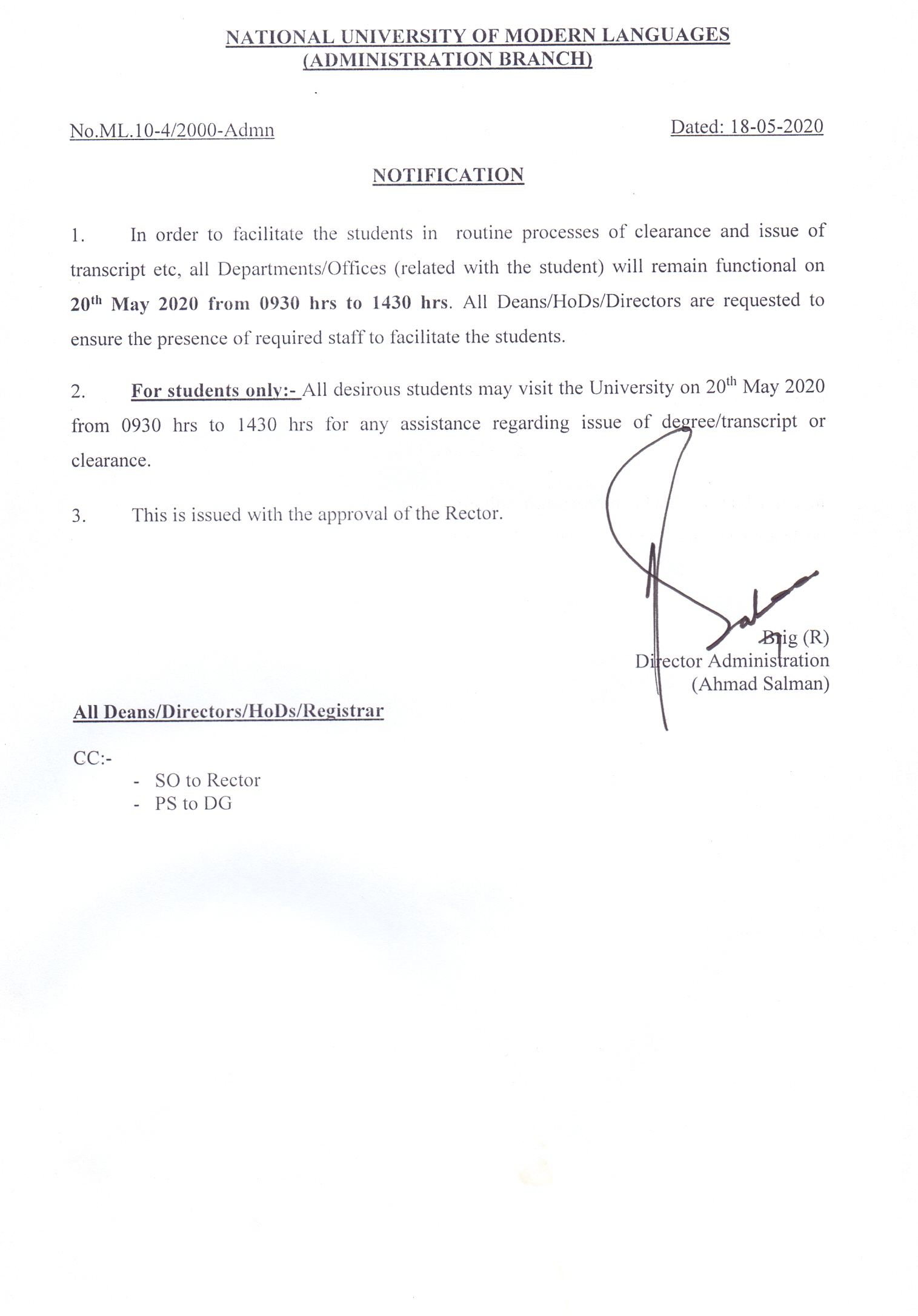 All Departments/offices related to Students will remain functional 20th May 2020 from 0930 hrs to 1430 hrs