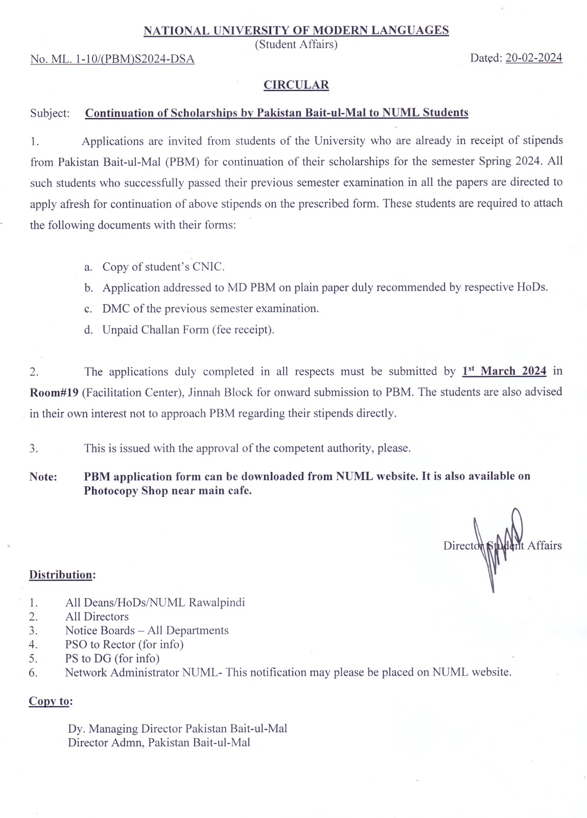 Continuation of Scholarships by Pakistan Bait-ul-Mal to NUML Students