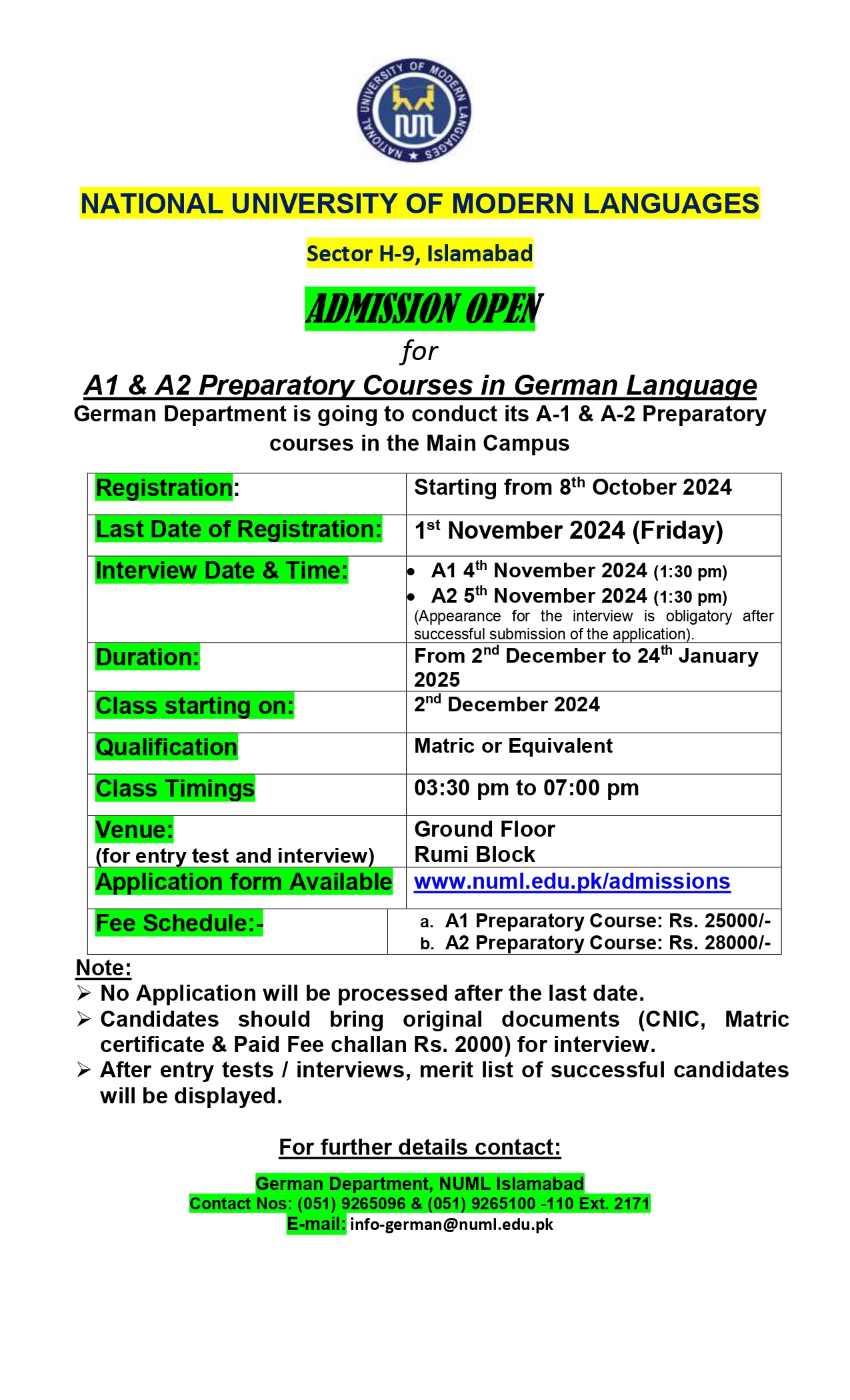 ADMISSION OPEN For A1, A2 Preparatory courses in German Language