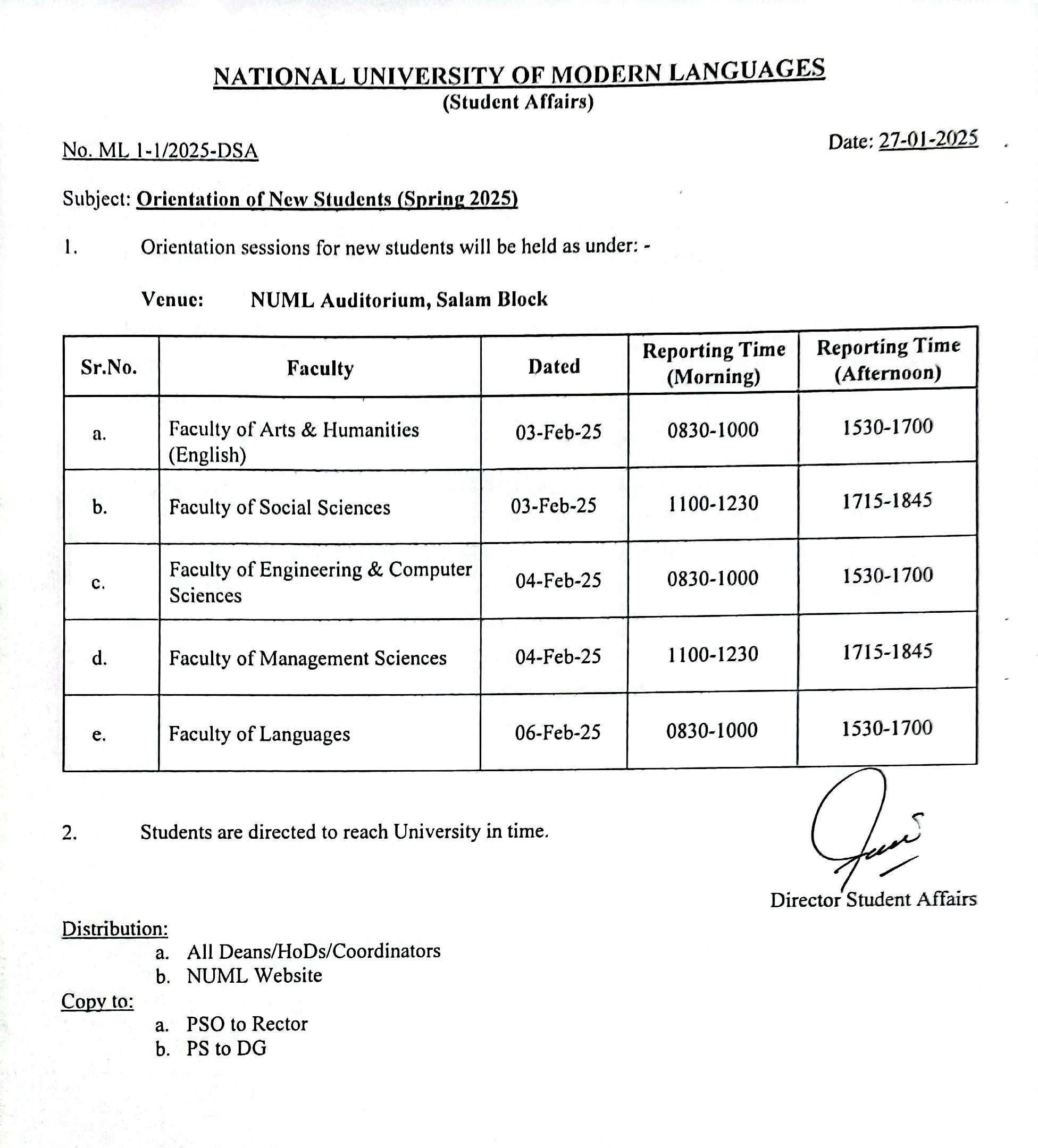 Orientation of New Students (Spring -2025)