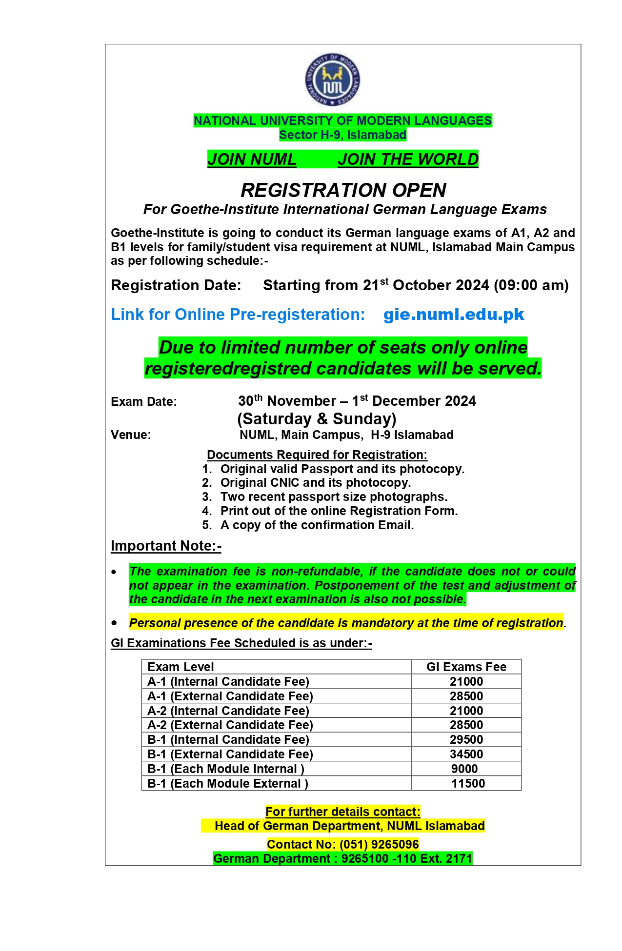 Registration open for Goethe Institute Exam A1,A2,B1