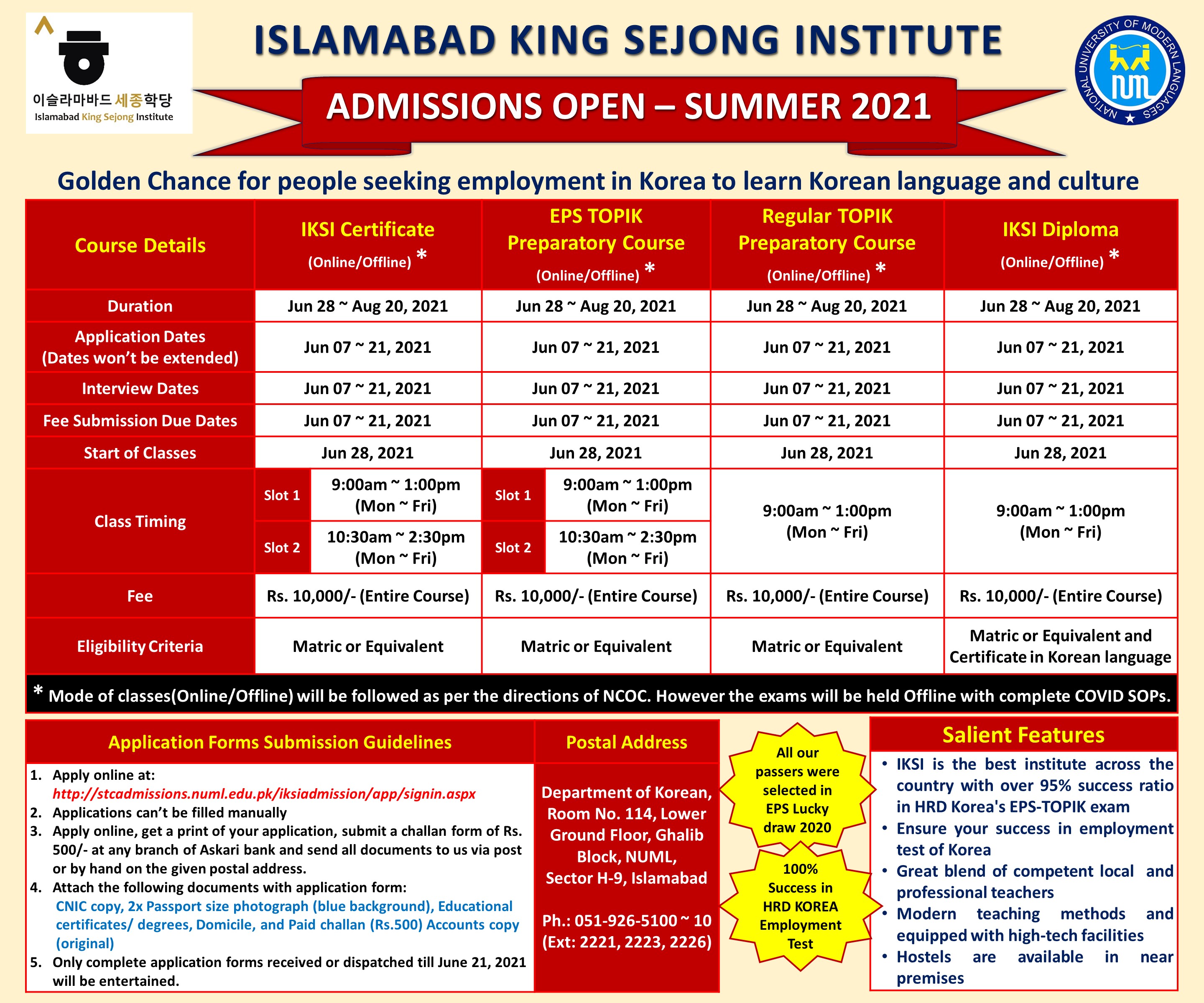 ISLAMABAD KING SEJONG INSTITUTE - SUMMER 2021 ADMISSION OPEN