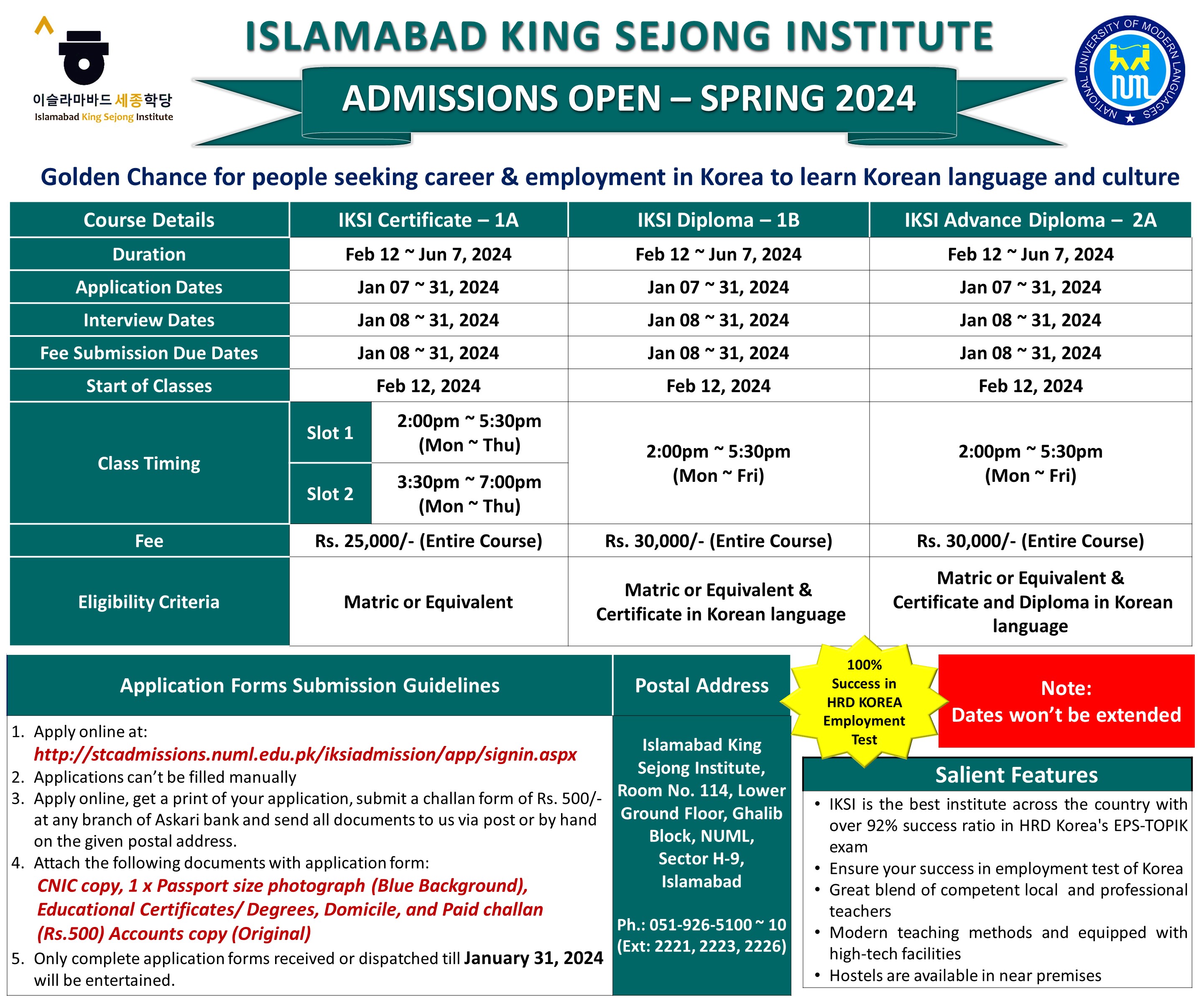 Islamabad King Sejong Admissions Open (Spring 2024)