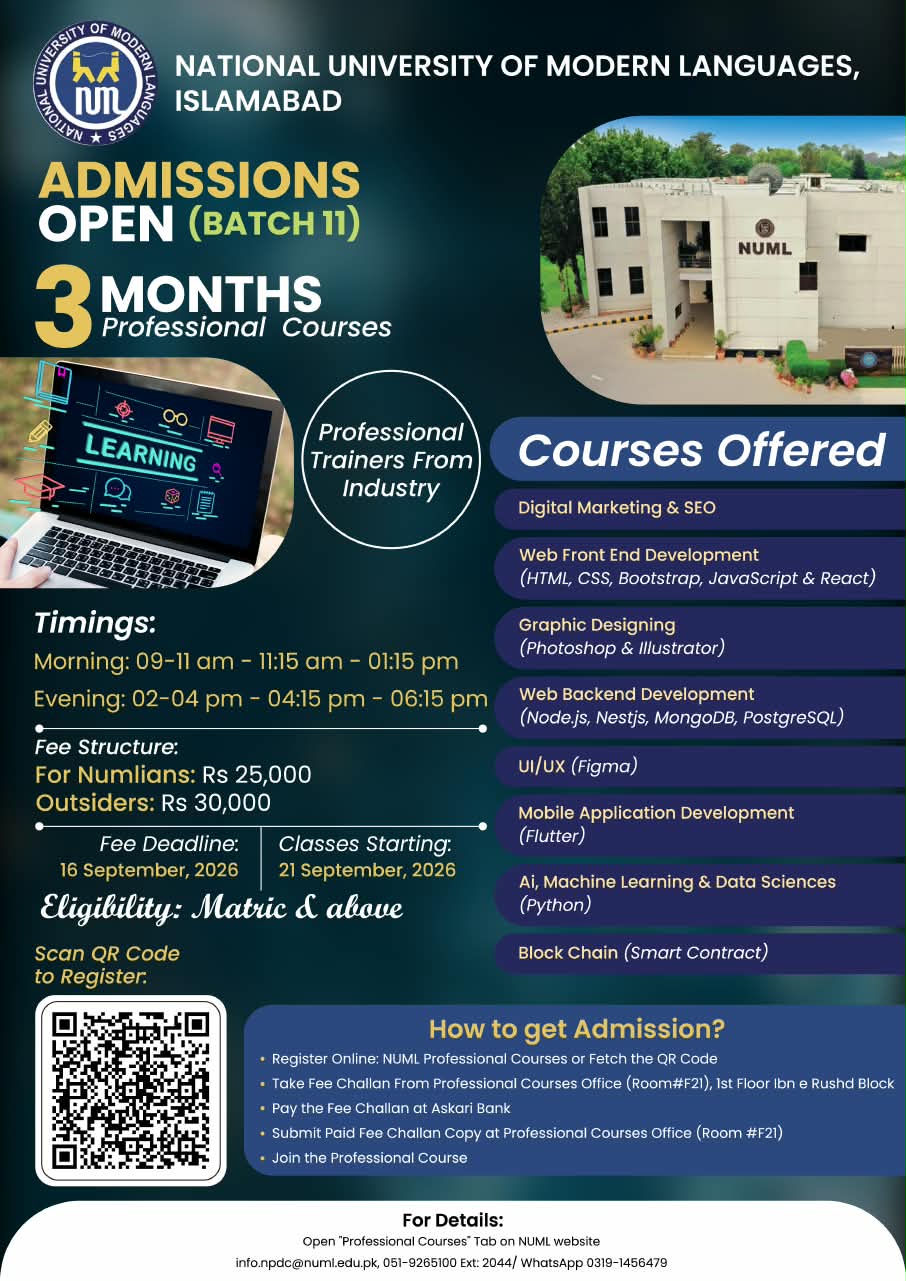NUML 3 Months Professional Course Admission Open (Batch 11)