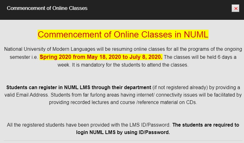 Commencement of Online Classes