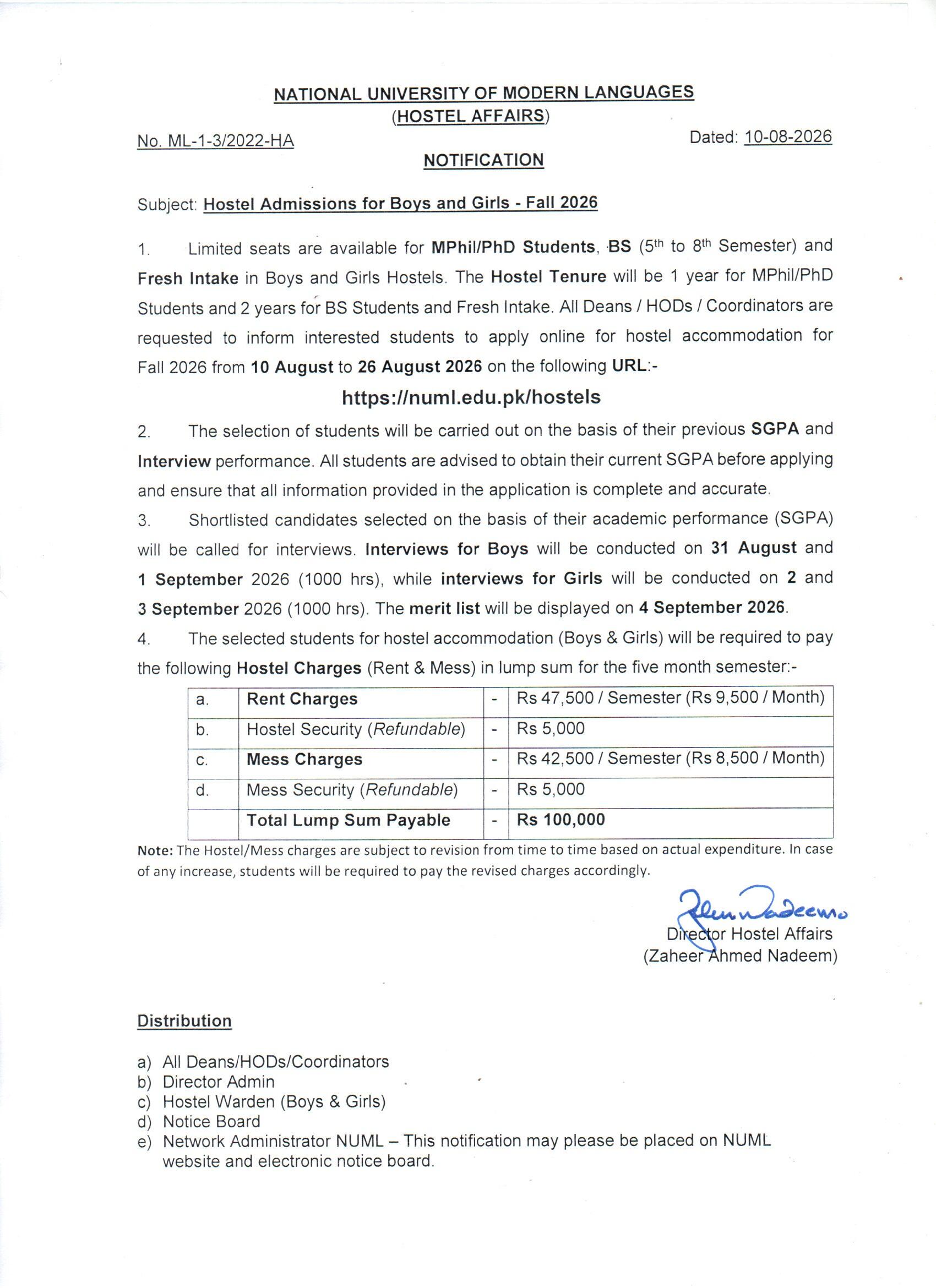 Hostel Admissions for Boys and Girls - Fall-2026