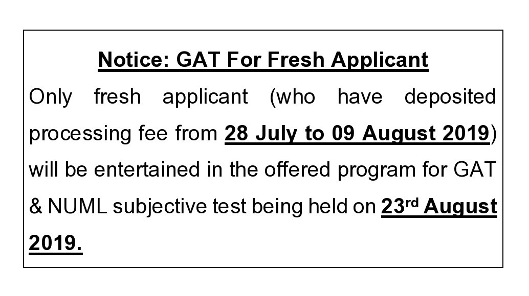 Notice: GAT for fresh Applicants
