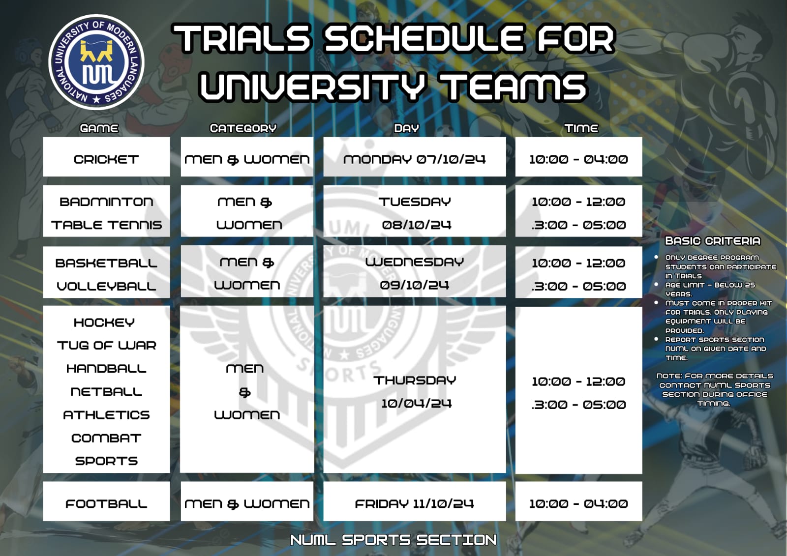 University Teams Trials Schedule