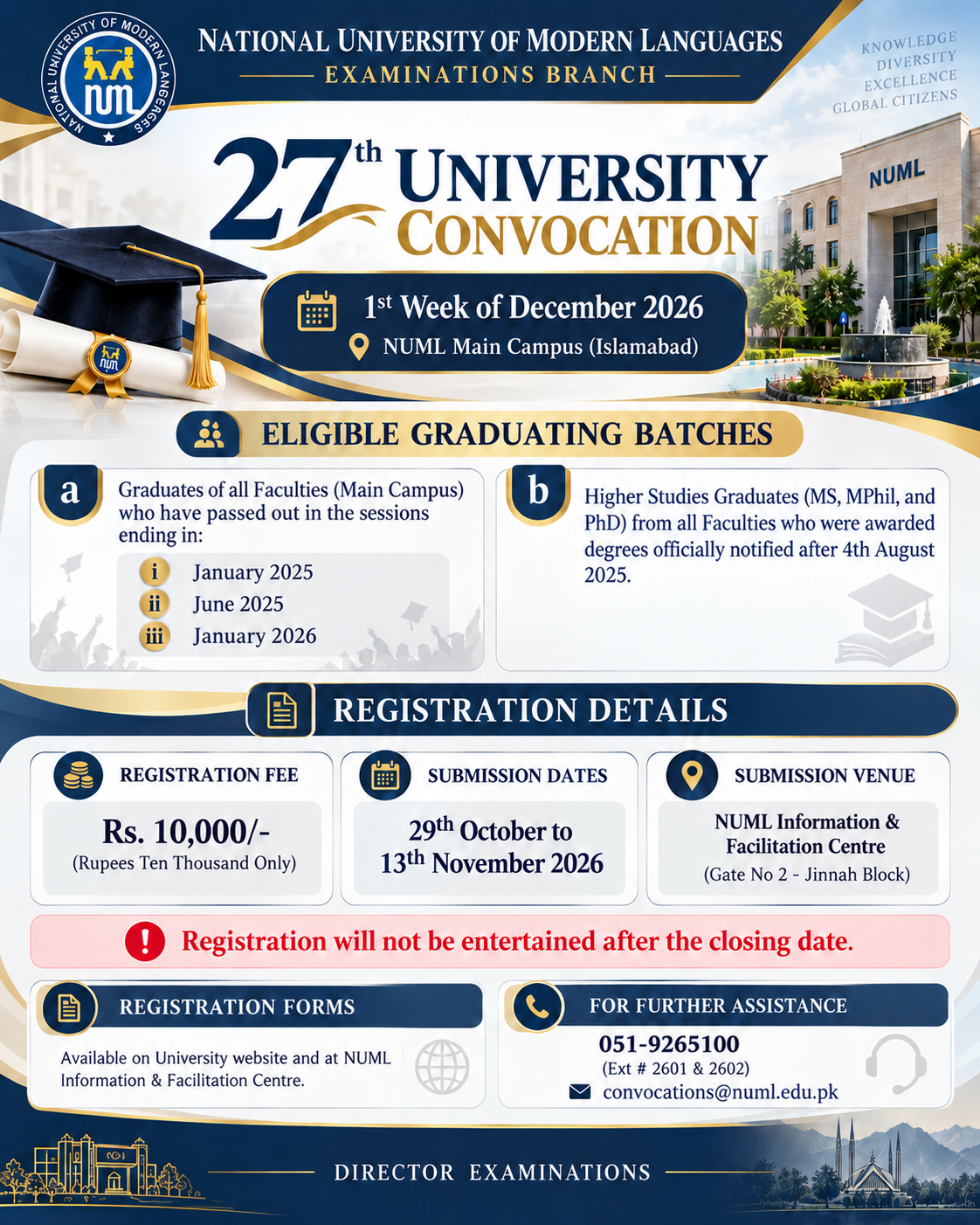 Registration for the NUML 27th University Convocation is open from October 29 to November 13, 2026