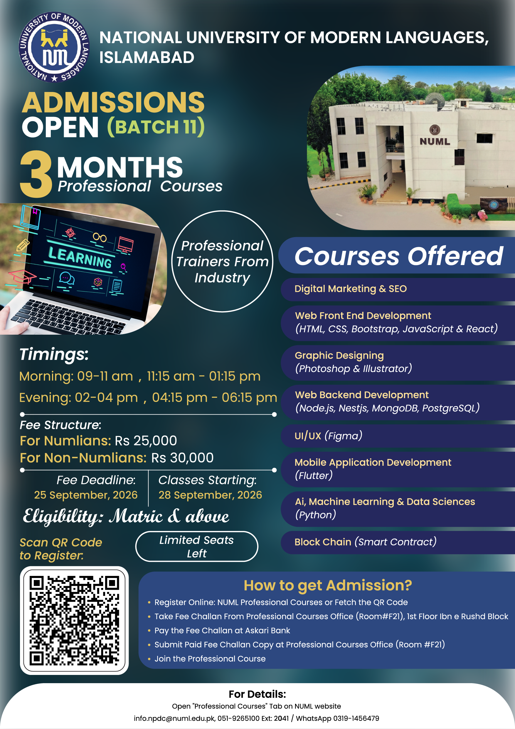 Admissions Open (Batch 11) for 3 Months Professional Courses at NUML Islamabad