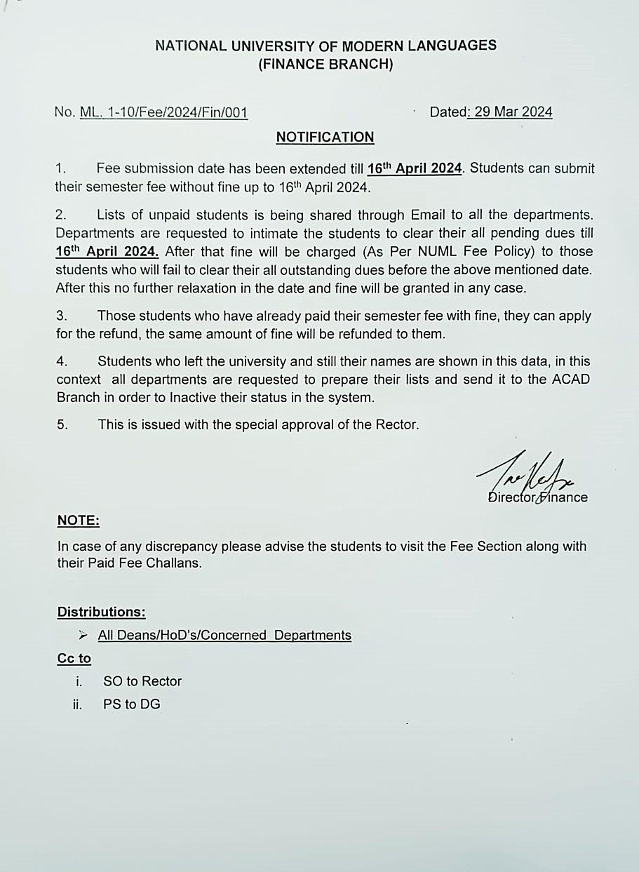 Fee submission date has been extended till 16th April 2024