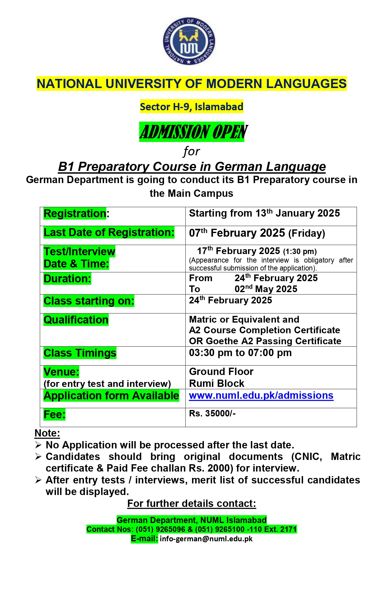 ADMISSION OPEN For B1 Preparatory courses in German Language