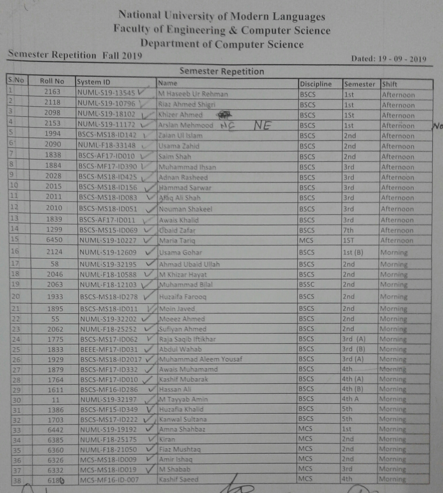 List of Students for 'Semester Repeat'