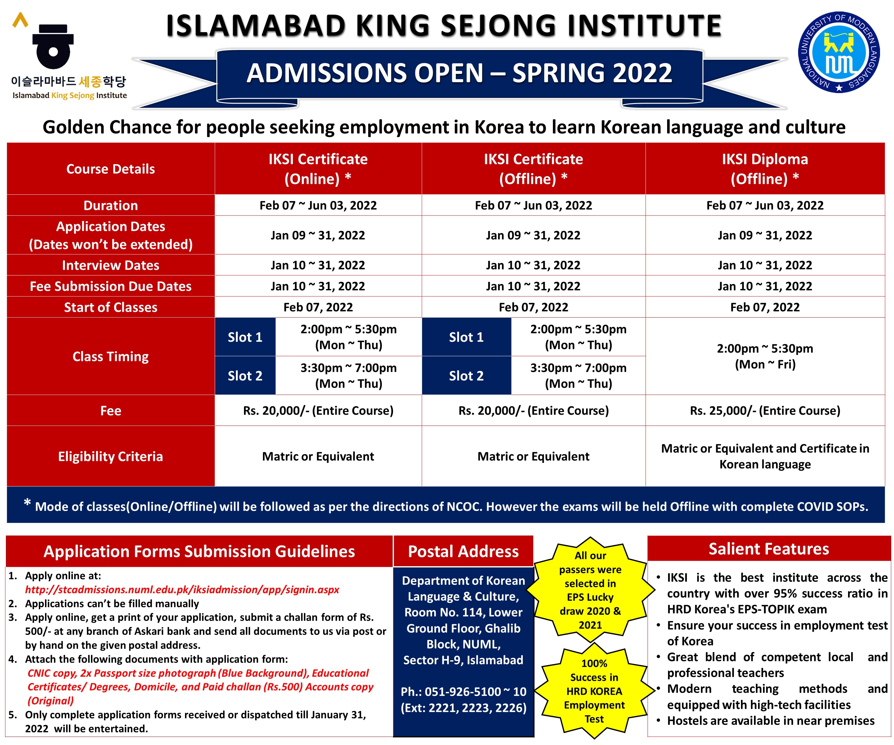 ISLAMABAD KING SEJONG INSTITUTE - ADMISSIONS OPEN SPRING 2022