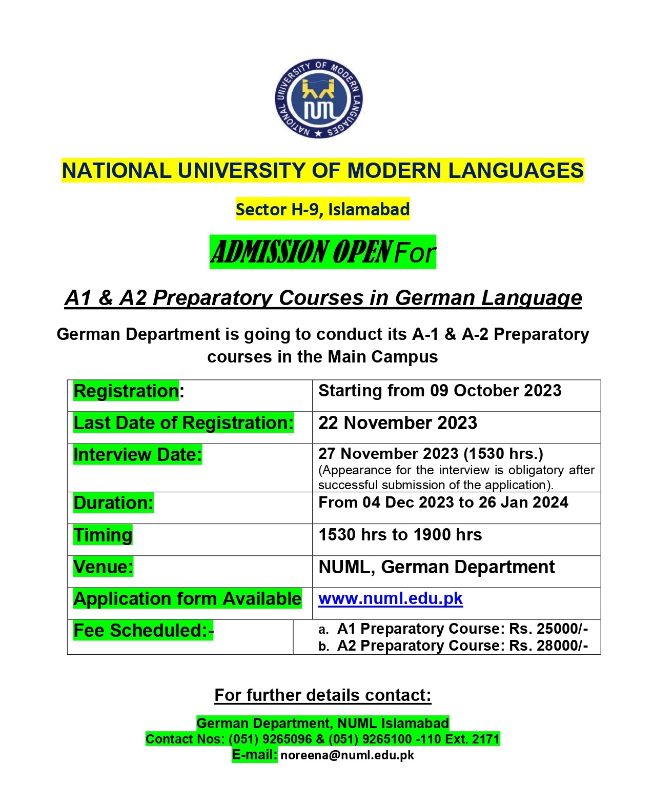 ADMISSION OPEN For A1, A2 Preparatory courses in German Language
