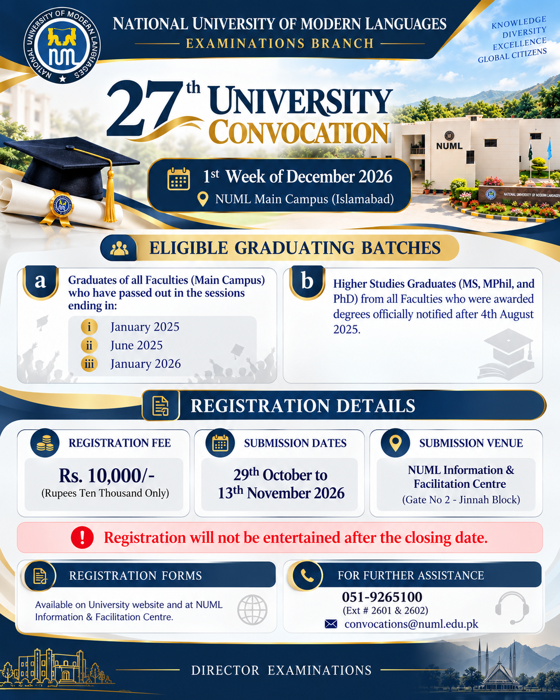 Registration for the NUML 27th University Convocation is open from October 29 to November 13, 2026