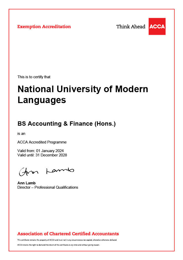 BS Accounting & Finance (Hons) of National University of Modern Languages Islamabad is an ACCA Accredited program