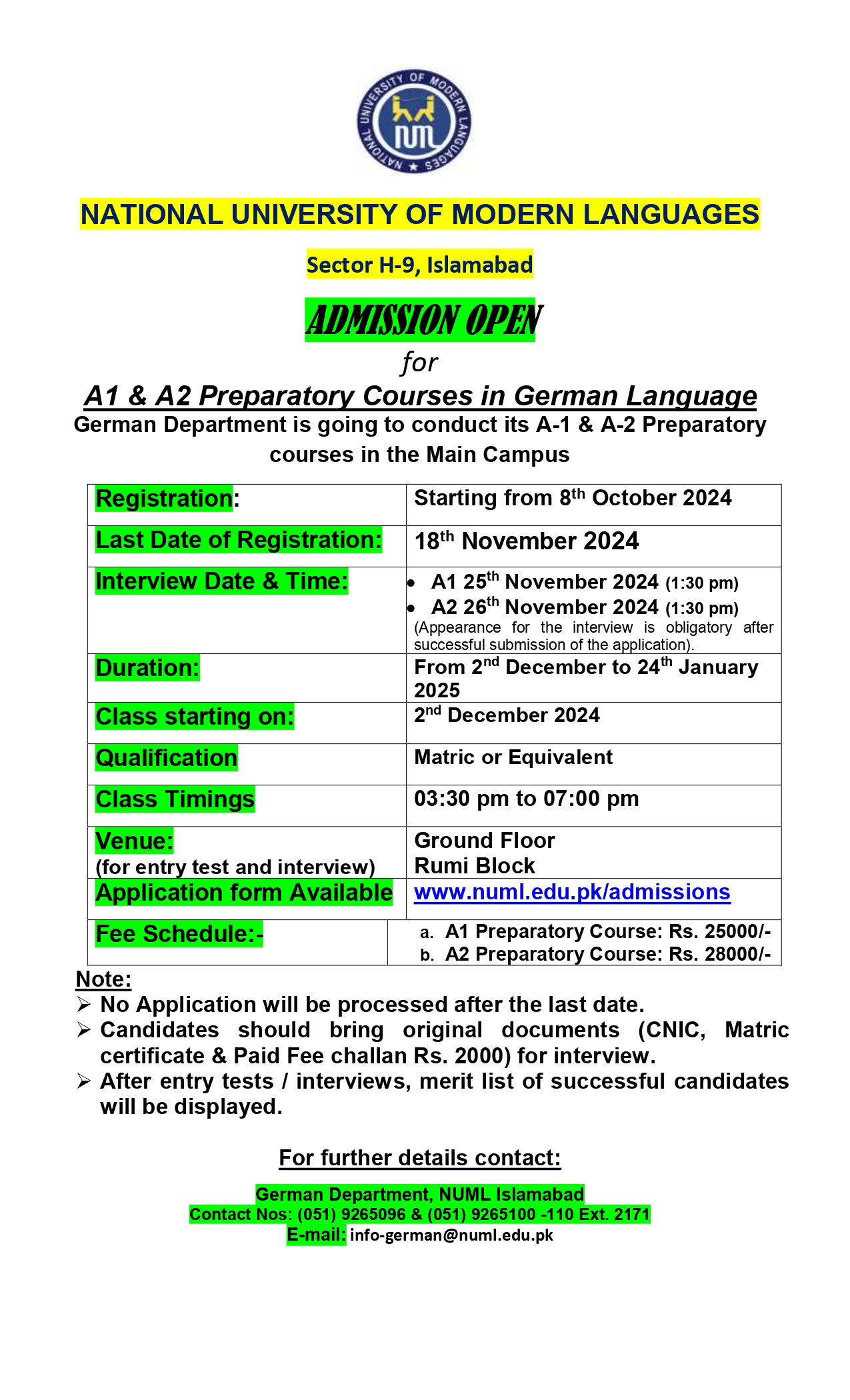 ADMISSION OPEN For A1, A2 Preparatory courses in German Language