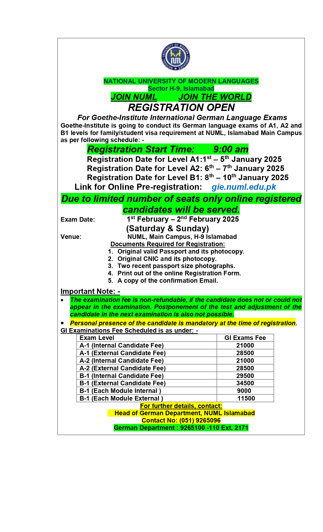 Registration open for Goethe Institute Exam A1,A2,B1