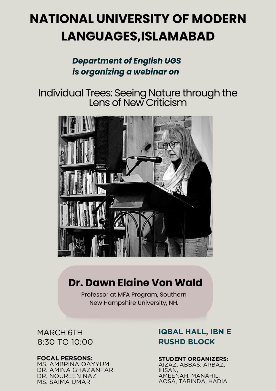 Individual Trees: Seeing Nature through the Lens of New Criticism" with Dr. Dawn Elaine Von Wald