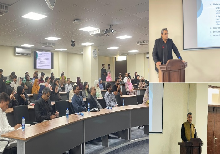 Department of Economics organized Seminar "Functions of the State Bank of Pakistan and Financial Outreach" on May 14, 2025.  Mr. Adnan Imran, Chief Manager, Mr. Imtiaz Ali, Senior Deputy Chief, Mr. Muneer Ahmad, Senior Officer, and Mr. Fahad Rabbani, Assistant Chief Manager, State Bank of Pakistan (SBP) delivered lectures.
