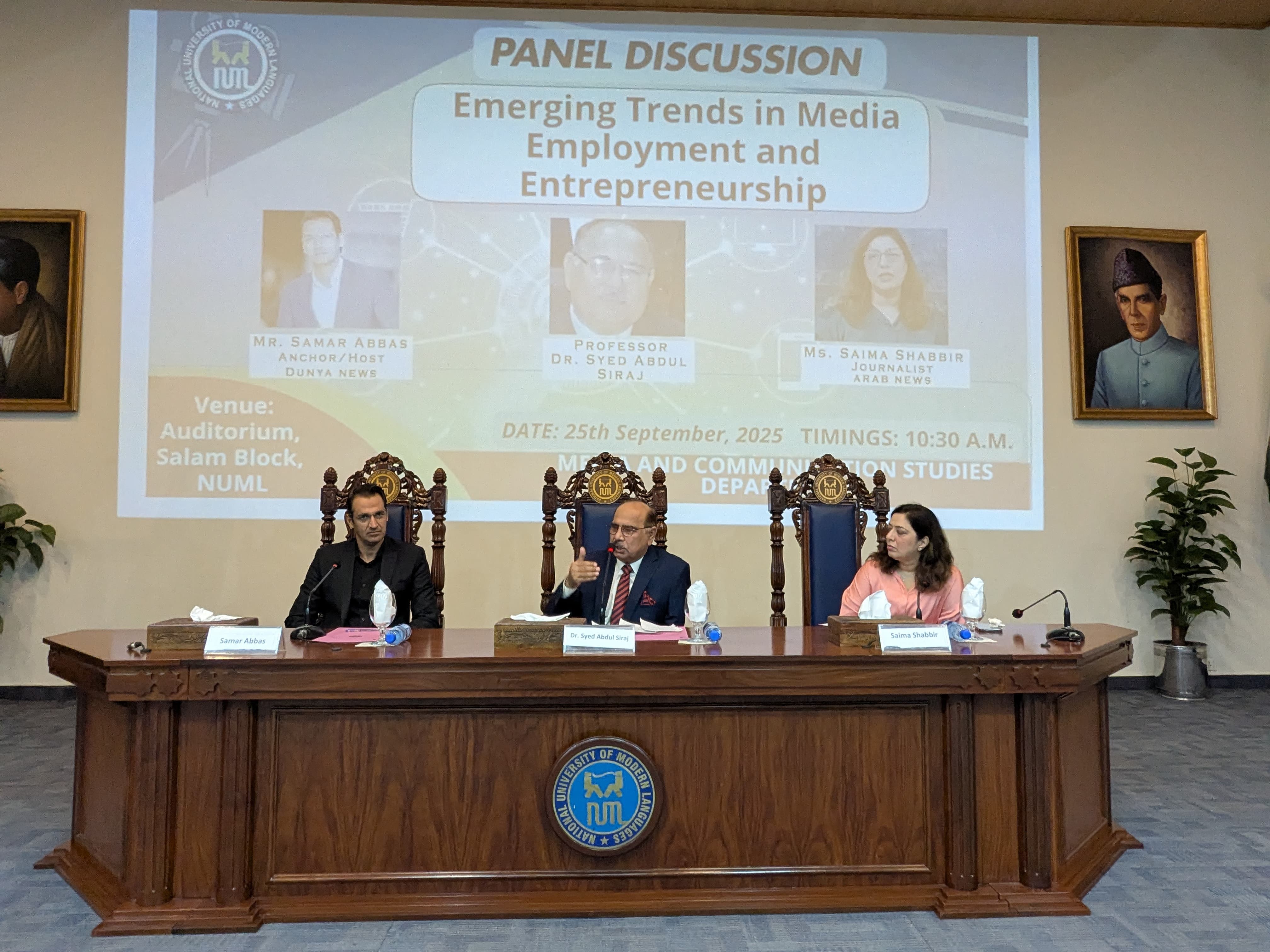 Department of Media and Communication Studies NUML organized an insightful panel discussion on Emerging Trends in Media Employment and Entrepreneurship.  
Panelists were Prof. Dr. Syed Abdul Siraj, Mr. Samar Abbas (Anchor/journalist Dunya TV) and Ms. Saima Shabbir (Correspondent Arab News).


 ·